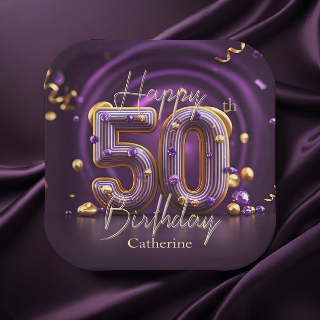 Elegant Luxurious Purple and Gold 50th Birthday Paper Plates (Creator Uploaded)