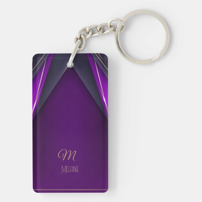 Elegant Luxurious Purple Gold Monogram Modern Glam Keychain (Back)