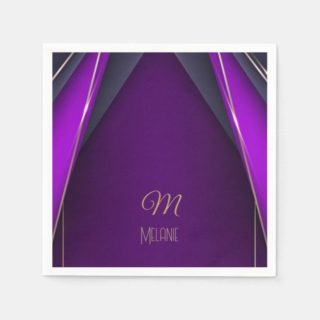 Elegant Luxurious Purple Gold Monogram Modern Glam Napkins (Front)