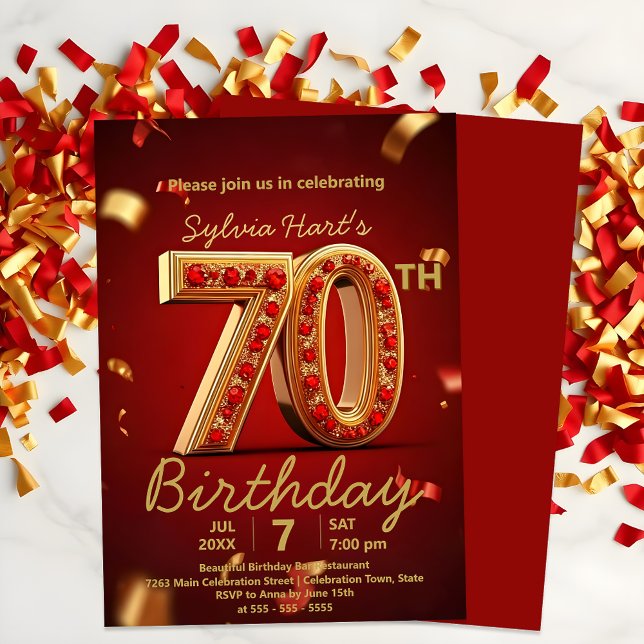 Elegant Luxurious Red and Gold 70th Birthday Invitation (Creator Uploaded)