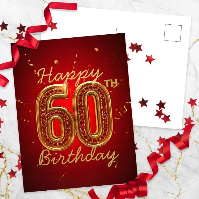 Elegant Luxurious Ruby Red and Gold 60th Birthday Postcard (Creator Uploaded)