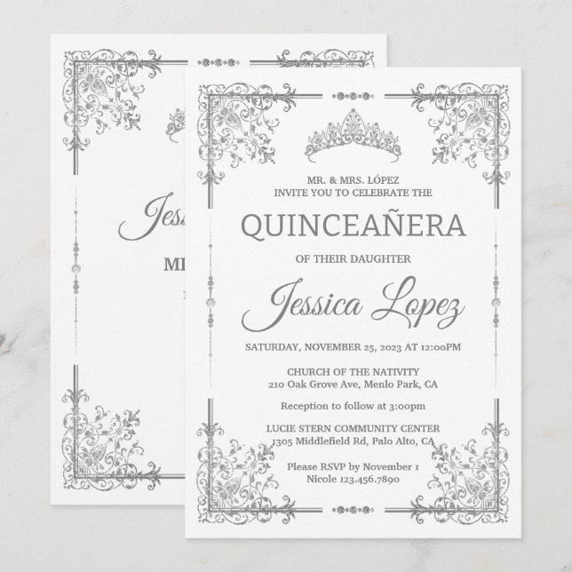 Elegant Luxurious White and Grey Quinceanera Invitation (Front/Back)
