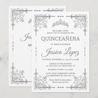 Elegant Luxurious White and Grey Quinceanera Invitation