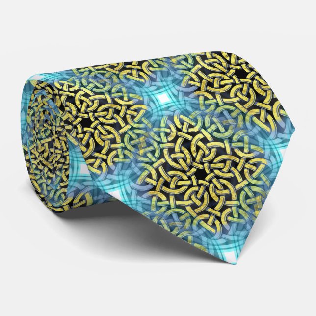 Elegant Luxury Abstract Geometric Gold Blue Neck Tie (Rolled)