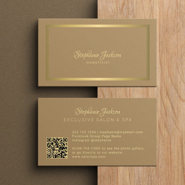 Elegant luxury beige and gold QR code hairstylist Business Card (Creator Uploaded)