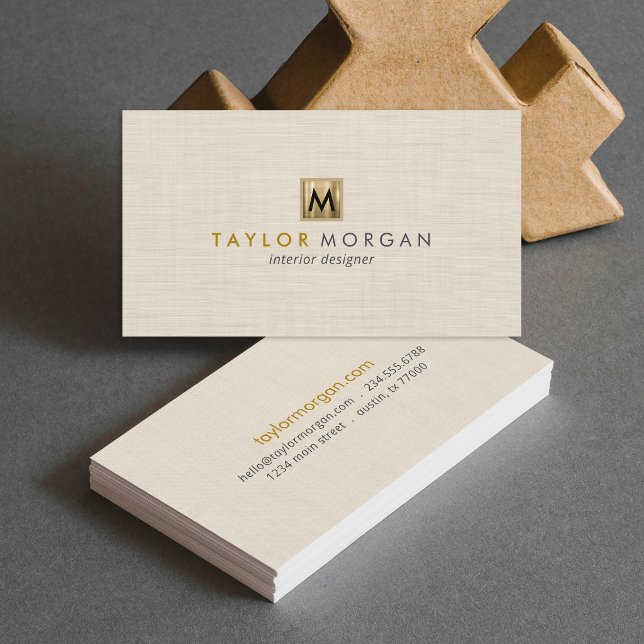 Elegant Luxury Beige Linen Gold Logo Monogram Business Card (Creator Uploaded)