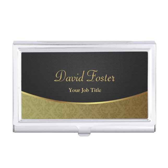 Elegant Luxury Black and Gold Damask Business Card Holder (Front)