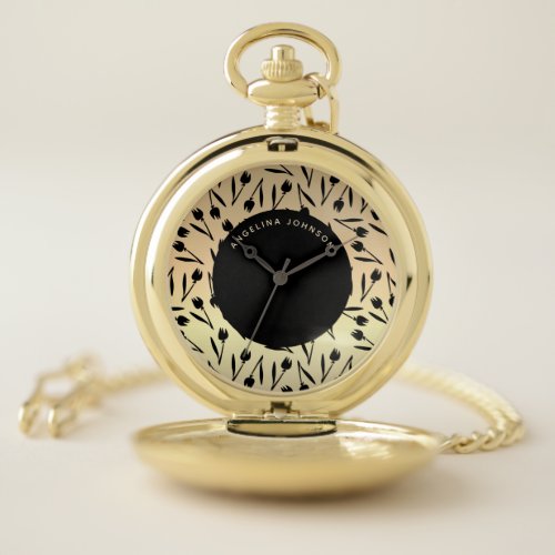 Elegant Luxury Black and Gold Floral Pattern Name Pocket Watch