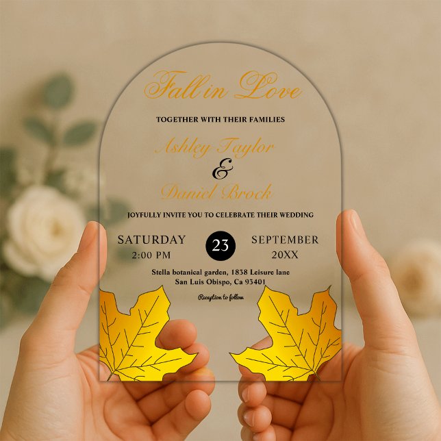 Elegant Luxury Black And Gold Leaves Fall Wedding Acrylic Invitations (Creator Uploaded)