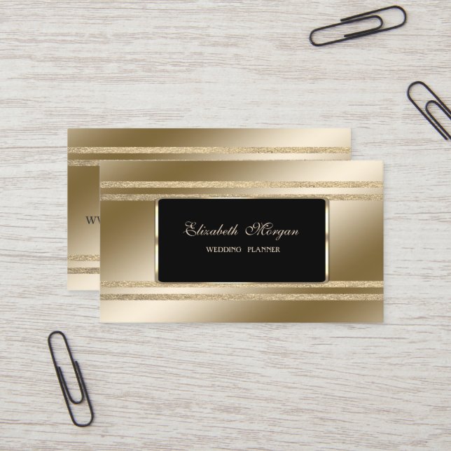 Elegant Luxury ,Black ,Faux Gold Glittery Stripes Business Card (Front/Back In Situ)