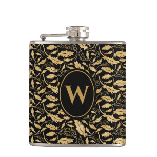 Elegant Luxury Black Gold Leaf Vintage Pattern Flask