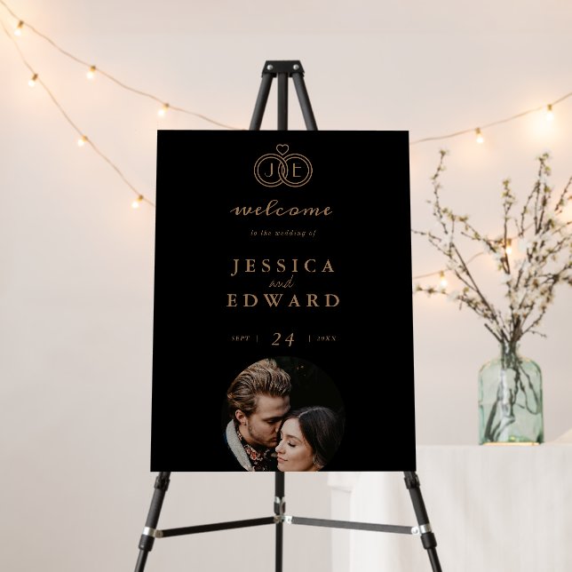 Elegant Luxury Black Gold Monogram Photo Wedding Foam Board (In Situ (Stand))