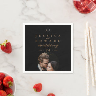 Elegant Luxury Black Gold Monogram Photo Wedding Napkins