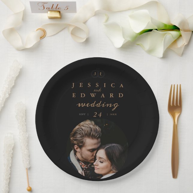 Elegant Luxury Black Gold Monogram Photo Wedding Paper Plates (Wedding)