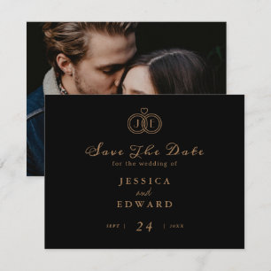 Elegant Luxury Black Gold Ring Monogram Photo Save The Date