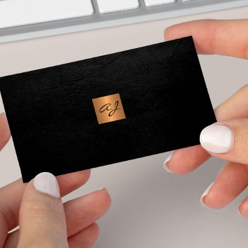 Elegant Luxury Black Leather Copper Gold Monogram Business Card by uniqueoffice at Zazzle