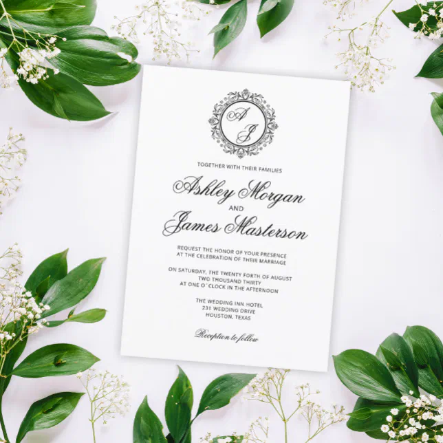 Elegant Luxury Black Monogram White Wedding Invitation | Zazzle