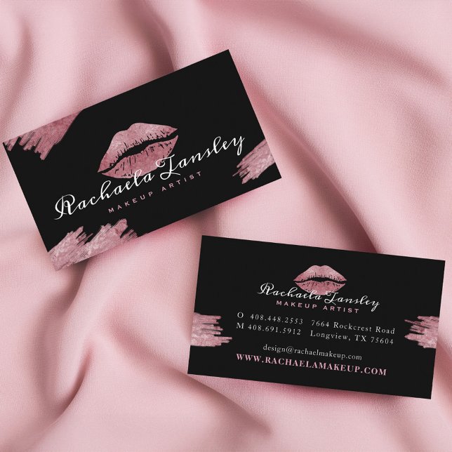 Elegant Luxury Black & Pink Lip Beauty Business Card (Glamorous Beauty Black & Pink Lip Makeup Artist Business Card)