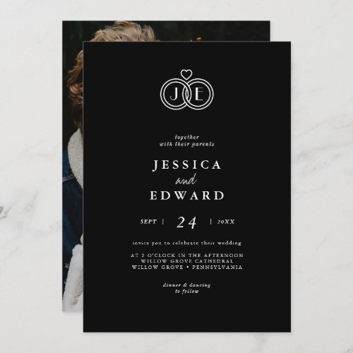 Elegant Luxury Black White Monogram Photo Wedding Invitation