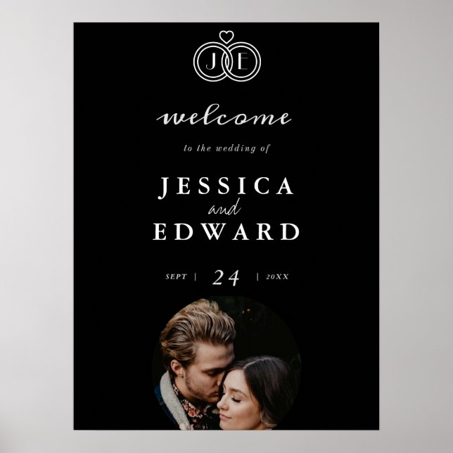 Elegant Luxury Black White Monogram Photo Wedding Poster (Front)