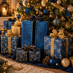 Elegant Luxury Blue Gold Christmas Holiday Wrapping Paper Sheets