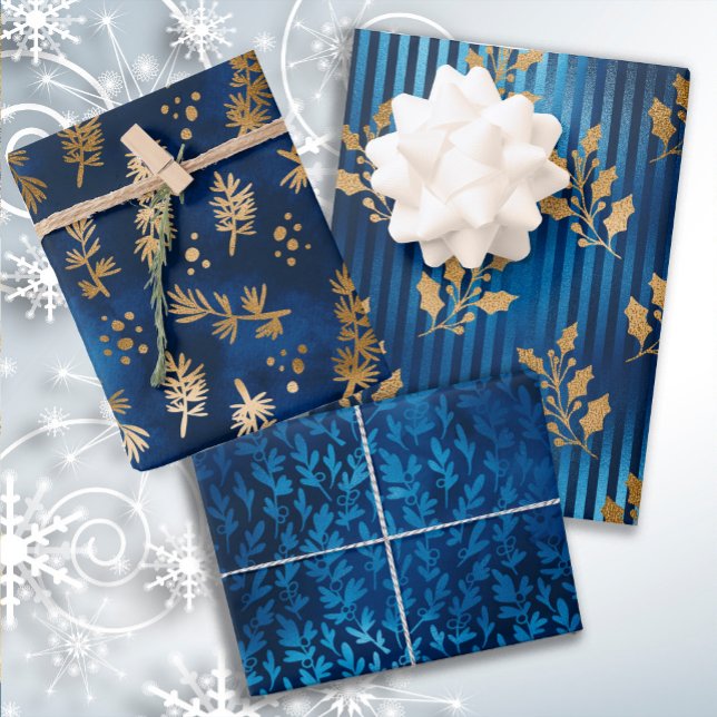 Elegant Luxury Blue Gold Christmas Holiday Wrapping Paper Sheets (Elegant blue and gold Christmas wrapping paper 3-sheet collection)