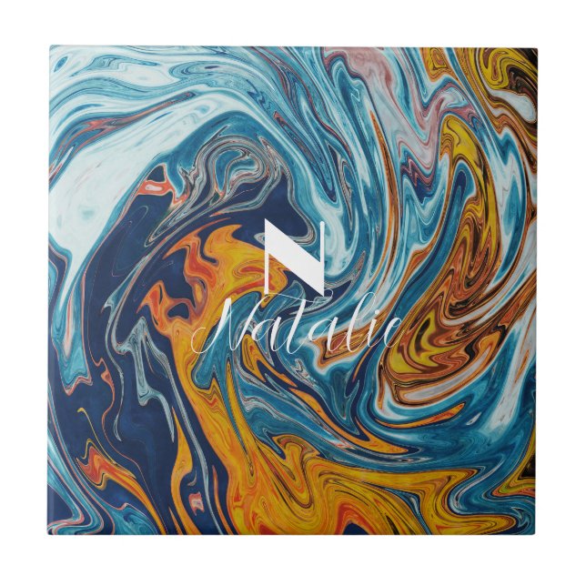 Elegant Luxury Blue Gold Monogram       Ceramic Tile (Front)