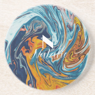 Elegant Luxury Blue Gold Monogram Coaster