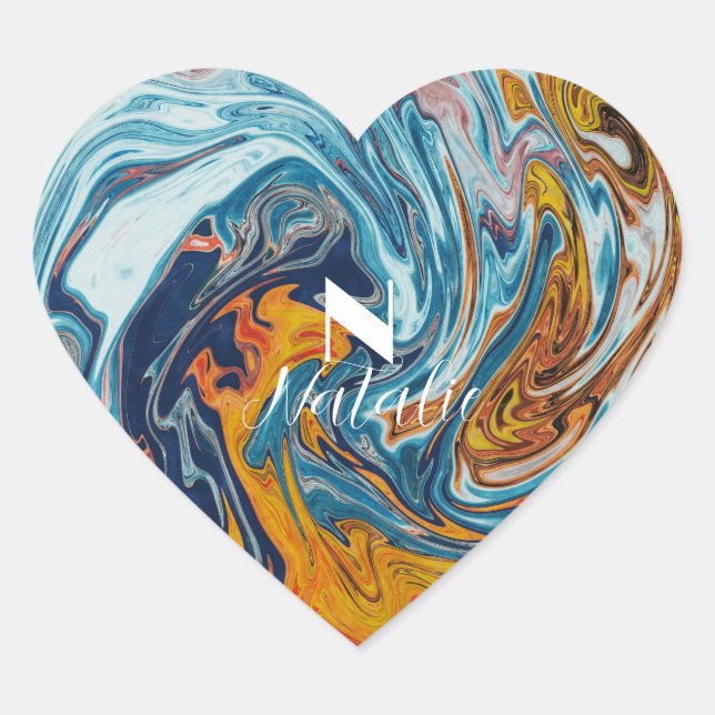 Elegant Luxury Blue Gold Monogram            Heart Sticker (Front)