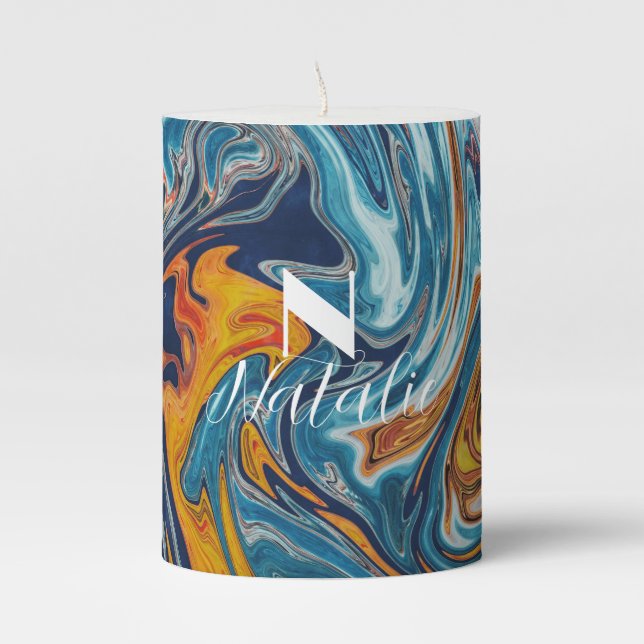 Elegant Luxury Blue Gold Monogram          Pillar Candle (Front)