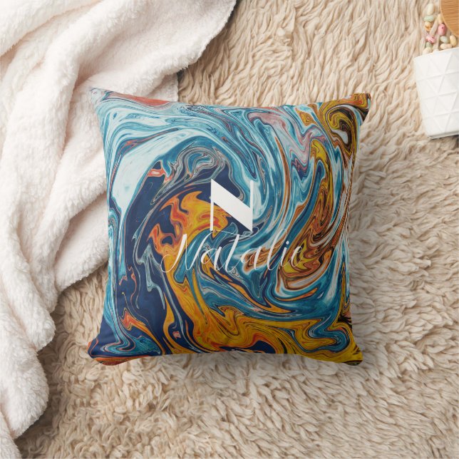 Elegant Luxury Blue Gold Monogram Throw Pillow (Blanket)
