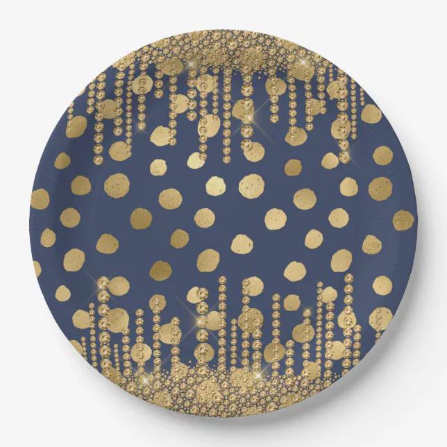 Elegant Luxury Blue Gold Rhinestones Jewels Bling Paper Plates | Zazzle