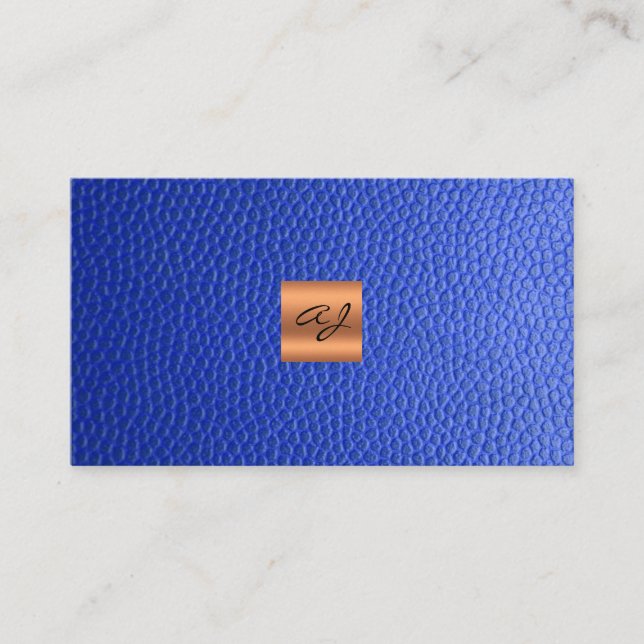 Elegant luxury blue leather copper gold monogram business card (Front)