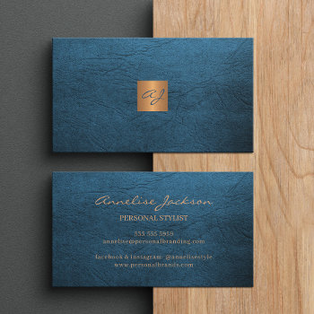 Elegant Luxury Blue Leather Copper Gold Monogram Business Card by uniqueoffice at Zazzle