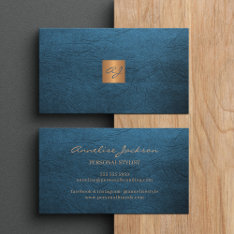 Elegant Luxury Blue Leather Copper Gold Monogram Business Card at Zazzle