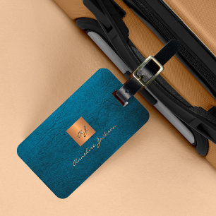Elegant luxury blue leather look gold monogrammed luggage tag