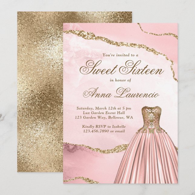 Elegant Luxury Blush Pink Gold Marble Sweet 16 Invitation (Front/Back)