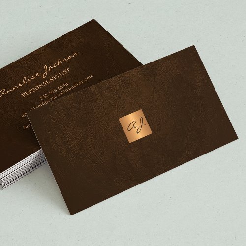 Elegant luxury brown leather copper gold monogram business card