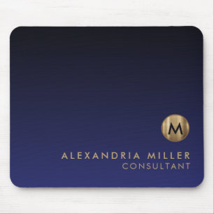 Elegant Luxury Brushed Gold Monogram Navy Blue Mouse Pad