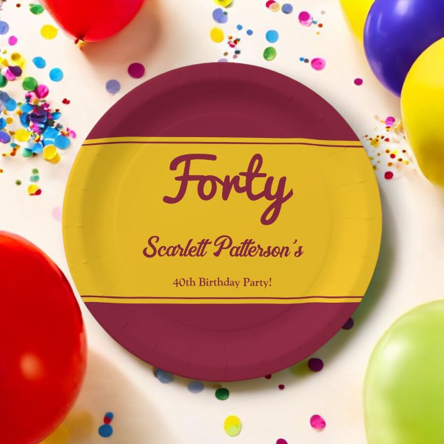 Elegant Luxury Burgundy And Gold 40th Birthday Paper Plates (Creator Uploaded)