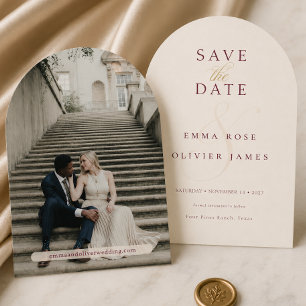 Elegant Luxury Burgundy Gold Arch Photo Wedding Save The Date