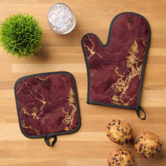 Elegant Luxury Burgundy Gold Marble Oven Mitt & Pot Holder Set