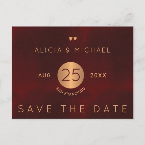 Elegant luxury burgundy gold wedding save date announcement postcard