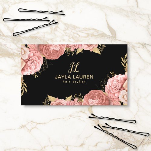 Elegant Luxury Chic Monogram Pink Gold Floral Business Card