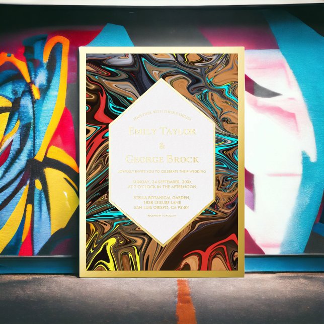 Elegant Luxury Colorful Abstract Art Wedding Gold Foil Invitation (Creator Uploaded)