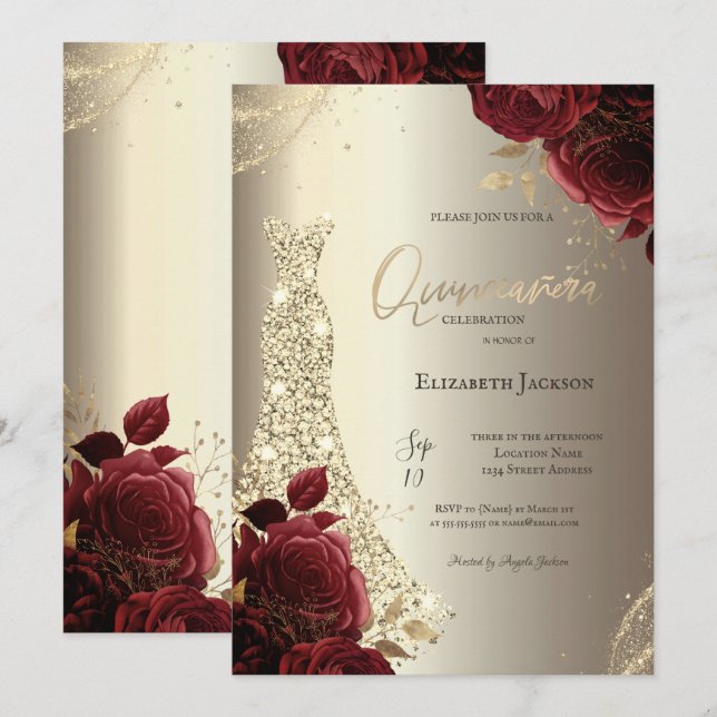 Elegant Luxury Dress Red Roses Gold Quinceañera Invitation (Front/Back)