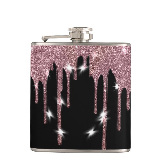 Elegant Luxury Faux Glitter Pink Rose Drip Flask (Front)