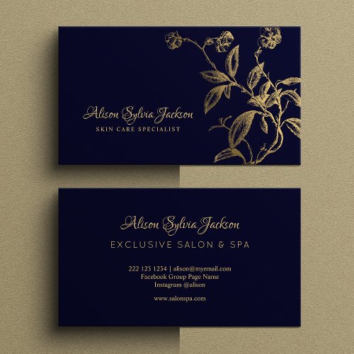 Elegant luxury faux gold foil dark navy blue business card