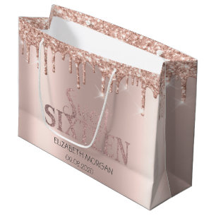 Elegant Luxury Glitter Rose Gold Drips Sweet 16 Large Gift Bag