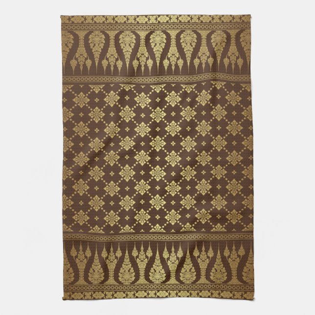 Elegant Luxury Gold and Brown Egyptian Damask Kitchen Towel (Vertical)